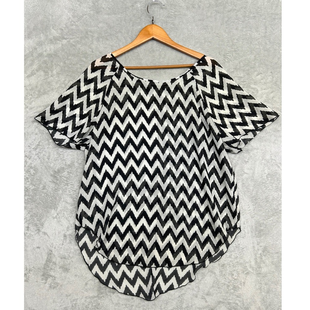 Sheer Chevron Short Sleeve Blouse Black White Urban Preppy Chic Chiffon Sz Large